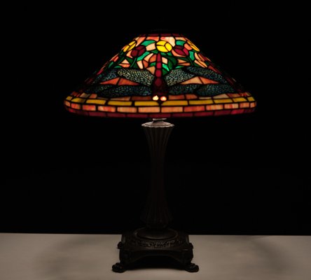 Tiffany Style Stained Glass Dragonfly Table Lamp, 1980s-GCG-1819845