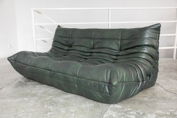 Togo Set in Green Dark Leather by Michel Ducaroy for Ligne Roset, Set of 5-RKX-2035647