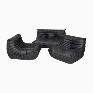 Togo Sofa Set in Black Leather by Michel Ducaroy for Ligne Roset, 1970s, Set of 3-MTD-1400838