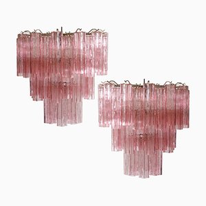 Toni Zuccheri Style Tronchi Chandeliers with 48 Pink Glasses in Murano, 1990, Set of 2-OVO-1235293