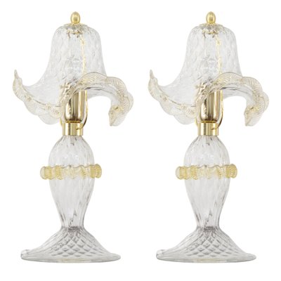 Transparent Murano Glass Table Lamps with Artistic Golden Artistic Decorations, Italy, Set of 2-MPO-1739538