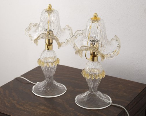 Transparent Murano Glass Table Lamps with Artistic Golden Artistic Decorations, Italy, Set of 2-MPO-1739538