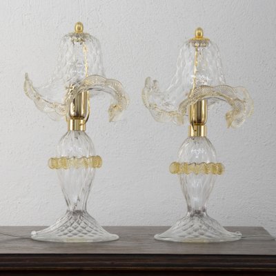 Transparent Murano Glass Table Lamps with Artistic Golden Artistic Decorations, Italy, Set of 2-MPO-1739538