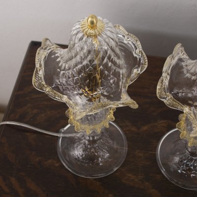 Transparent Murano Glass Table Lamps with Artistic Golden Artistic Decorations, Italy, Set of 2-MPO-1739538