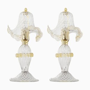 Transparent Murano Glass Table Lamps with Artistic Golden Artistic Decorations, Italy, Set of 2-MPO-1739538