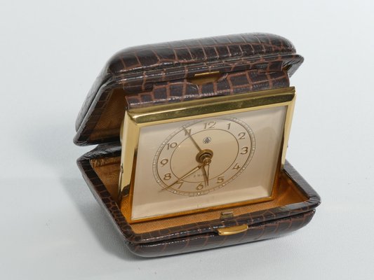 Travel Alarm Clock in Brass and Faux Snakeskin from G.W., Germany, 1950s-RUK-1758044