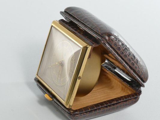 Travel Alarm Clock in Brass and Faux Snakeskin from G.W., Germany, 1950s-RUK-1758044