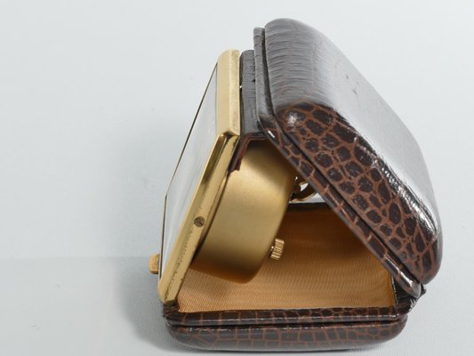 Travel Alarm Clock in Brass and Faux Snakeskin from G.W., Germany, 1950s-RUK-1758044