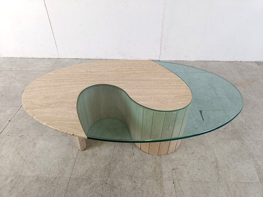 Travertine and Glass Coffee Table, 1970s-IRH-1788328