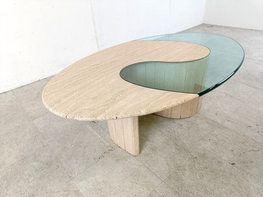 Travertine and Glass Coffee Table, 1970s-IRH-1788328