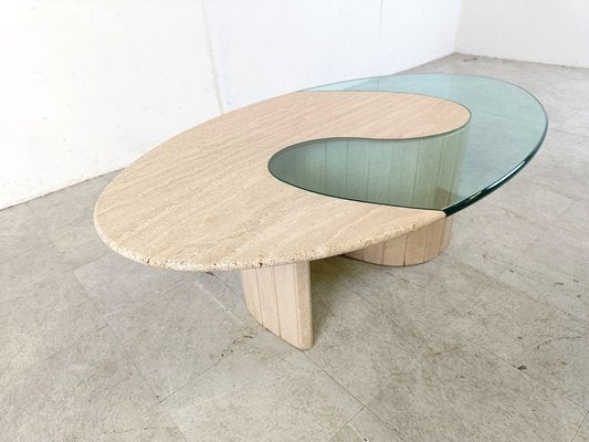 Travertine and Glass Coffee Table, Italy, 1970s-IRH-1784497