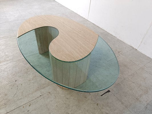 Travertine and Glass Coffee Table, Italy, 1970s-IRH-1784497