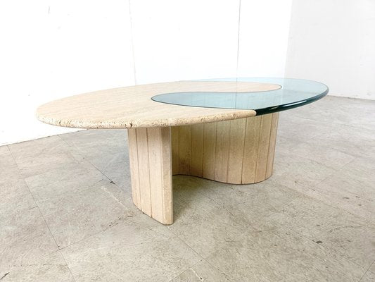 Travertine and Glass Coffee Table, Italy, 1970s-IRH-1784497