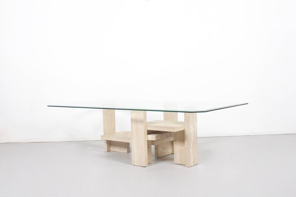 Travertine and Glass End Table by Willy Ballez, Belgium-QT-1263356