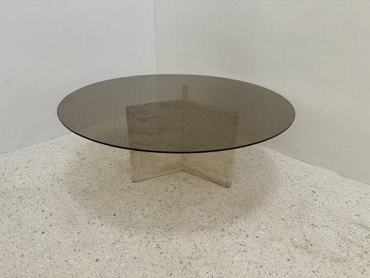 Travertine and Smoked Glass Side Table, Italy, 1980s-JG-1776872