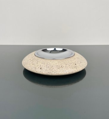 Travertine and Steel Round Ashtray by Marble Art, Italy, 1970s-LYQ-1364876