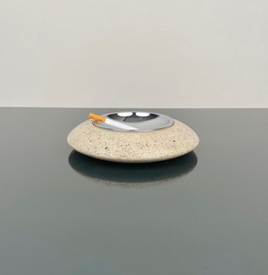 Travertine and Steel Round Ashtray by Marble Art, Italy, 1970s-LYQ-1364876