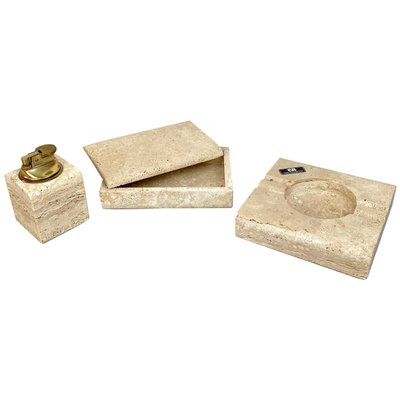 Travertine Ashtray Lighter & Box Tobacco Set by Cerri Nestore, Italy, 1970s, Set of 3-LYQ-1171568