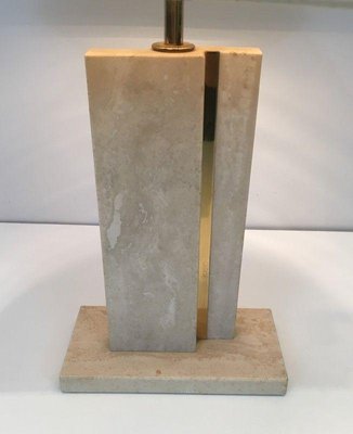 Travertine & Brass Table Lamp with Original Lampshade-BA-1365539