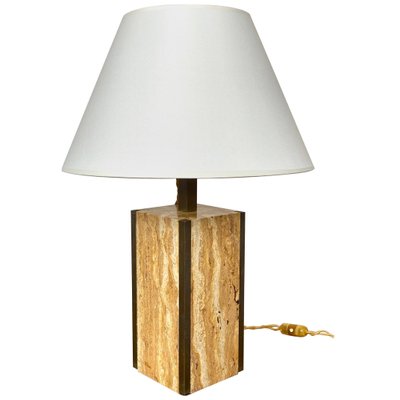 Travertine Walnut & Brass Table Lamp, Italy, 1970s-LYQ-1171517