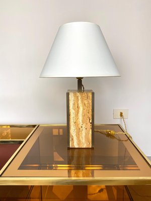 Travertine Walnut & Brass Table Lamp, Italy, 1970s-LYQ-1171517