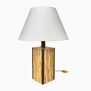 Travertine Walnut & Brass Table Lamp, Italy, 1970s-LYQ-1171517