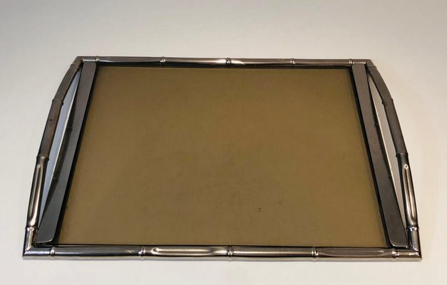 Tray in Faux Bamboo, Chrome and Smoked Glass, French, 1970s-BA-803690