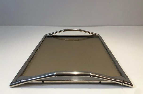 Tray in Faux Bamboo, Chrome and Smoked Glass, French, 1970s-BA-803690