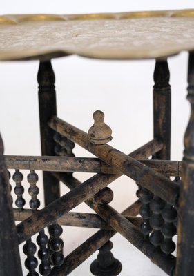 Tray Table in Brass and Wood with Carvings of Indian Origin, 1950s-UY-1724400