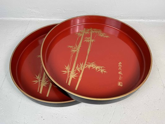 Trays in Lacquered Wood with Bamboo Decoration, 1970s, Set of 2-DWL-1438376