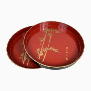 Trays in Lacquered Wood with Bamboo Decoration, 1970s, Set of 2-DWL-1438376