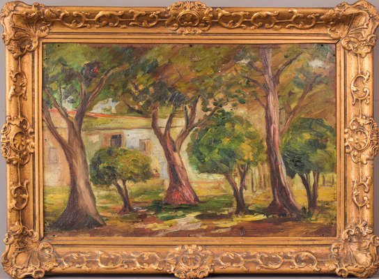 Trees and Building, Early 20th Century, Oil on Board-AOI-1106892