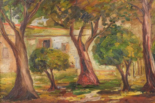 Trees and Building, Early 20th Century, Oil on Board-AOI-1106892