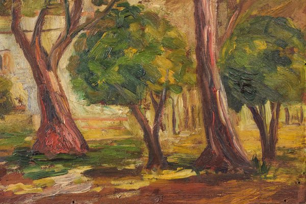 Trees and Building, Early 20th Century, Oil on Board-AOI-1106892