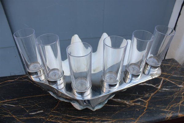 Tridacna Champagne Tray Oysters in Crystal Glasses by Gabriella Binazzi, 1970s-EH-1722708