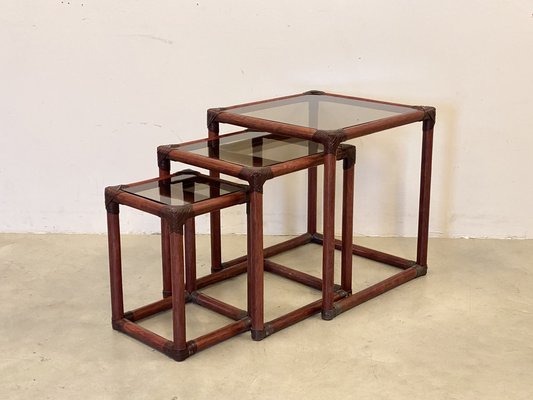 Triptych Bamboo Tables in Leather, 1970s, Set of 3-NPC-1609719