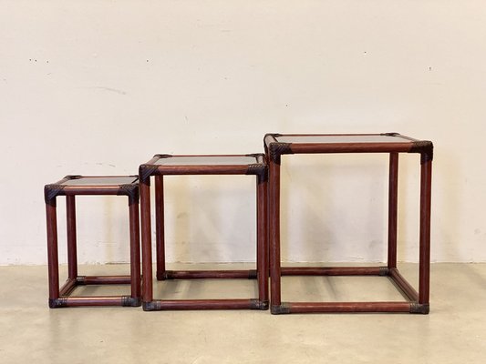 Triptych Bamboo Tables in Leather, 1970s, Set of 3-NPC-1609719