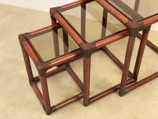 Triptych Bamboo Tables in Leather, 1970s, Set of 3-NPC-1609719