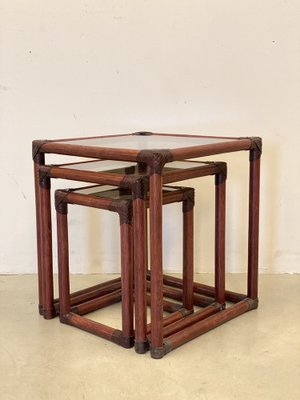 Triptych Bamboo Tables in Leather, 1970s, Set of 3-NPC-1609719