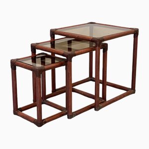 Triptych Bamboo Tables in Leather, 1970s, Set of 3-NPC-1609719