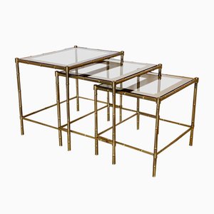 Triptych of Brass Tables in Faux Bamboo, 1970s, Set of 3-NPC-963320