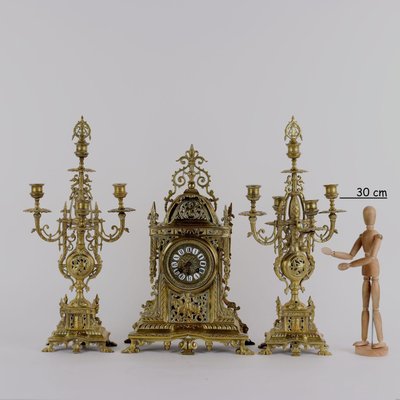 Triptych with Clock in Gilt Bronze, Set of 3-VMM-2036347