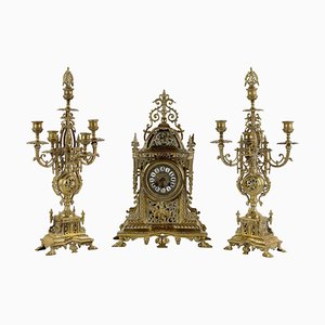 Triptych with Clock in Gilt Bronze, Set of 3-VMM-2036347