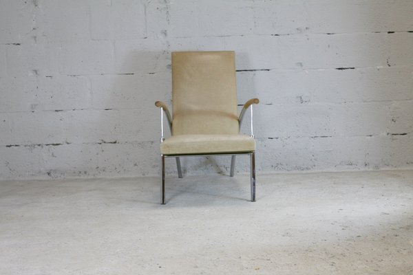 Tubular Steel and Leather Cream Armchair, France, 1970s-MAO-833636