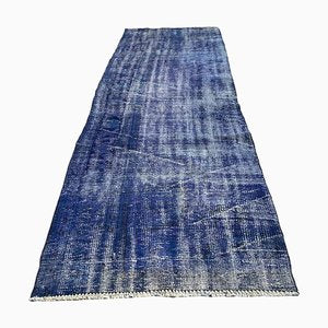 Turkish Overdyed Blue Narrow Runner Rug in Wool-AIV-1333514