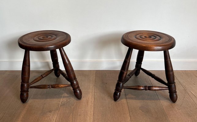 Turned Wooden Stools attributed to Charles Dudouyt, 1950s, Set of 2-BA-1622473