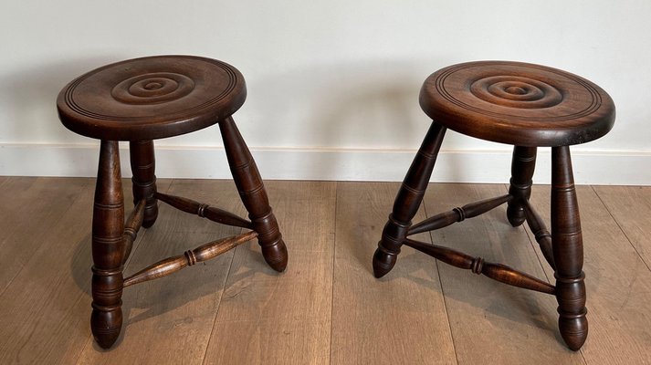 Turned Wooden Stools attributed to Charles Dudouyt, 1950s, Set of 2-BA-1622473