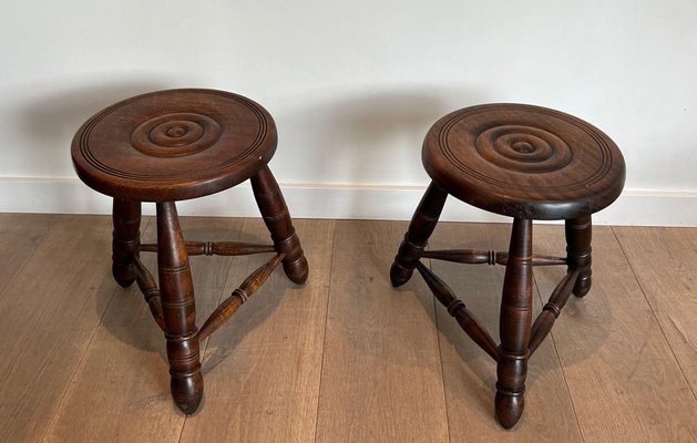 Turned Wooden Stools attributed to Charles Dudouyt, 1950s, Set of 2-BA-1622473