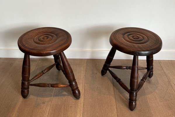 Turned Wooden Stools attributed to Charles Dudouyt, 1950s, Set of 2-BA-1622473