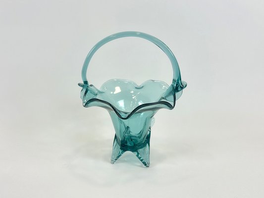 Turquoise Polish Glass Basket from Ząbkowice Glassworks, 1960s-ZCY-2031591